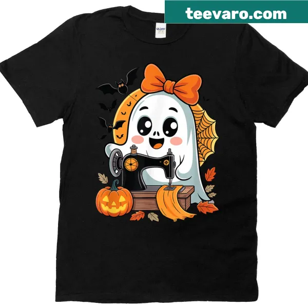 Cute cartoon ghost t-shirt for women, featuring a sewing theme