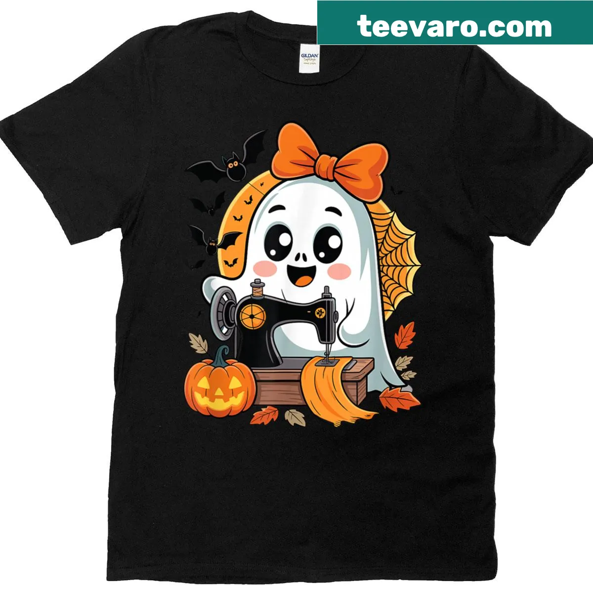 Cute cartoon ghost t-shirt for women, featuring a sewing theme — on a men's t-shirt