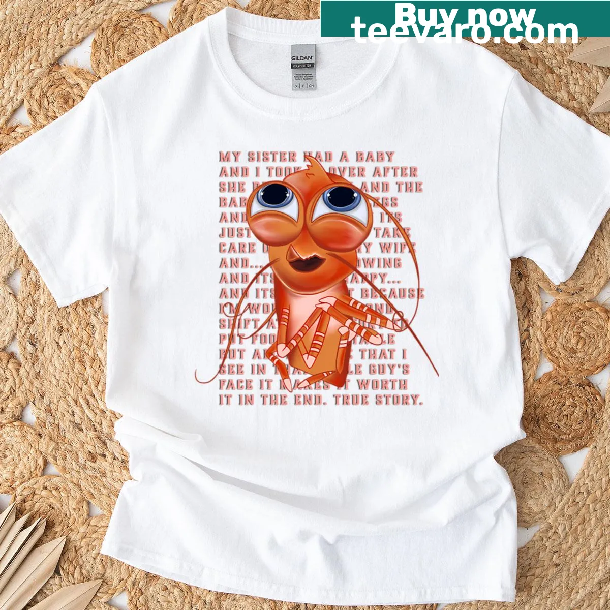 Graphic T-shirt featuring a shrimp and 'Shrimp Dad' text — on a men's t-shirt