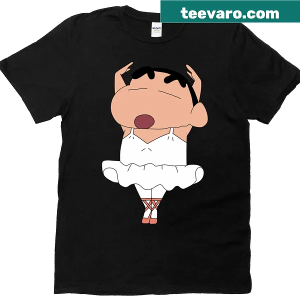 Cartoon Shinchan dancing graphic on a playful t-shirt