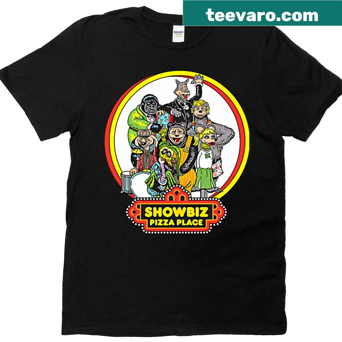Vintage Showbiz Pizza graphic on T-shirt — on a men's t-shirt