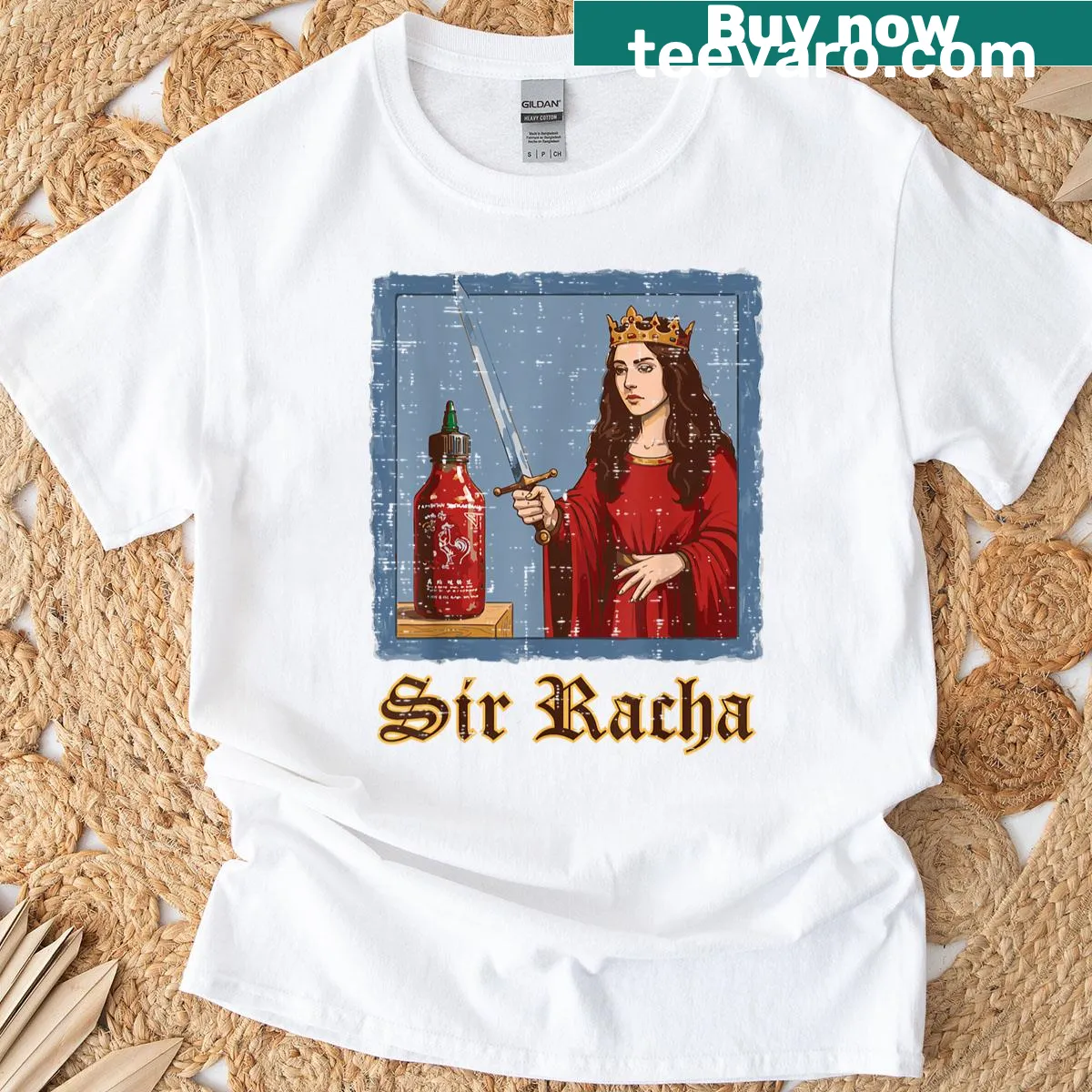 Funny saying shirt featuring Sir Racha hot sauce theme — on a men's t-shirt