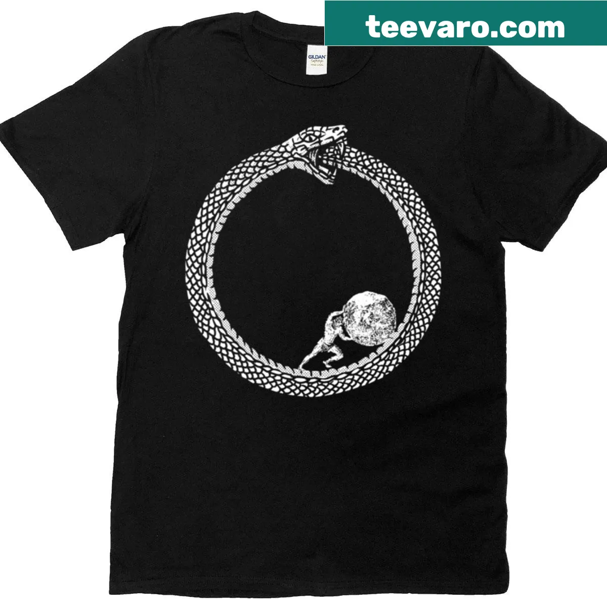 Philosophical design of Sisyphus with Ouroboros snake illustration — on a men's t-shirt