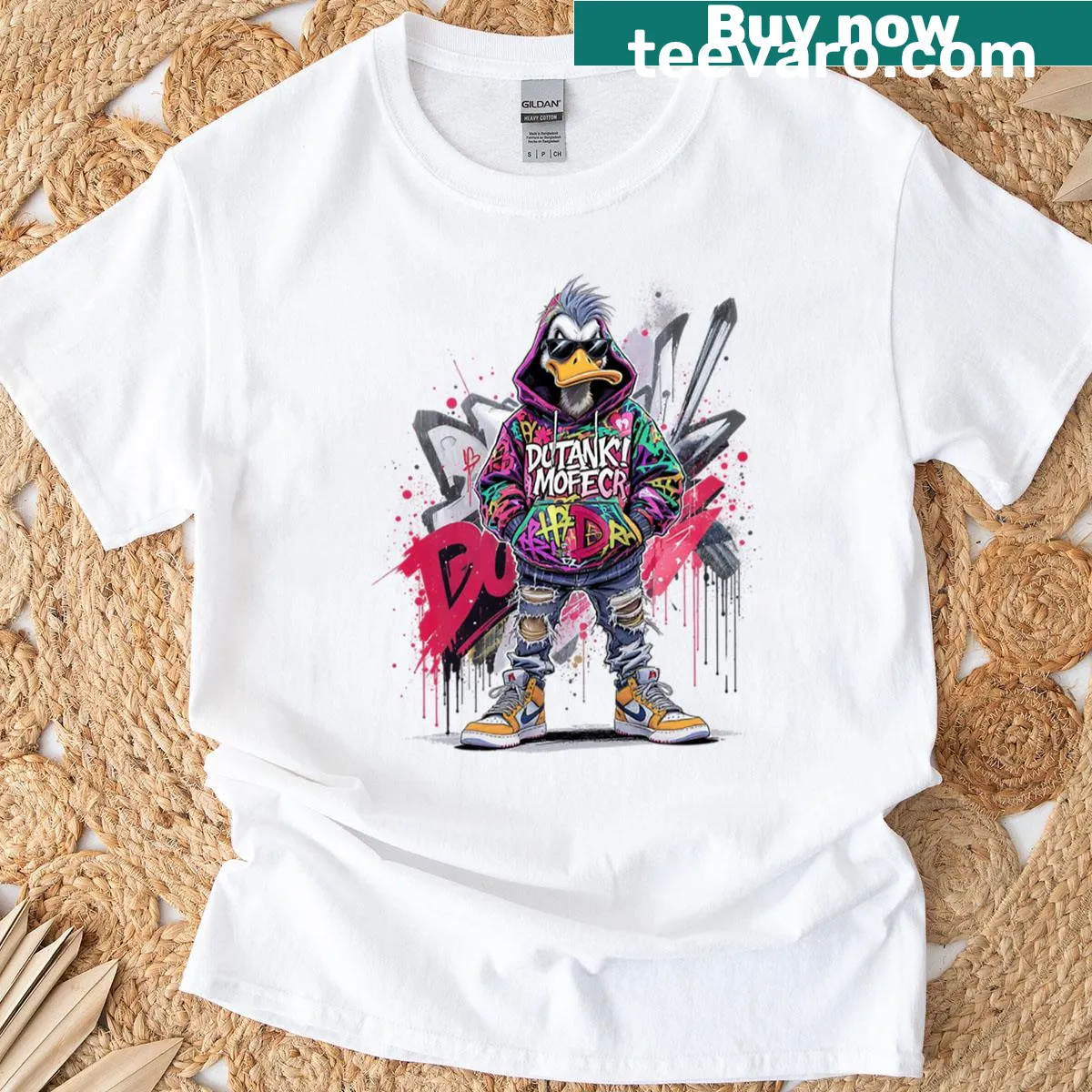 Cartoon skater duck design with graffiti art on t-shirt. — on a men's t-shirt