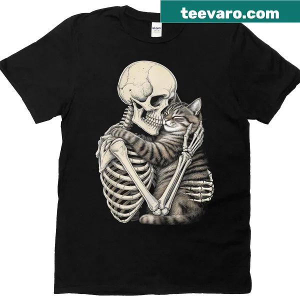 Skeleton hugging a cat graphic for Halloween, humorous design