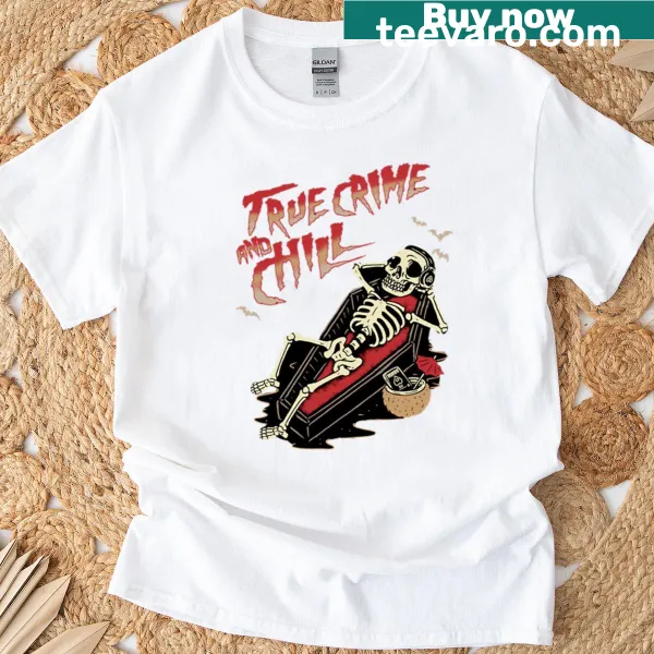 Skeleton graphic with true crime theme on a casual t-shirt