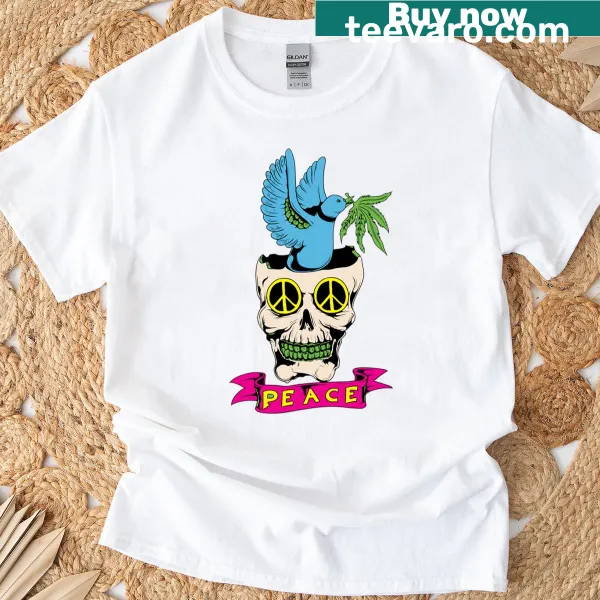 Skull graphic with peace and weed theme on a t-shirt
