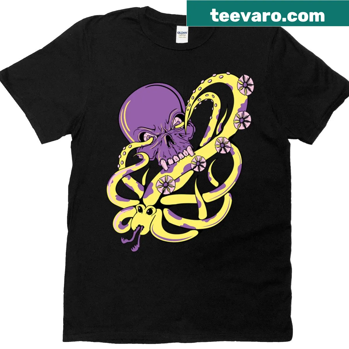 Unique Skull Squid Snack t-shirt with imaginative graphic design — on a men's t-shirt