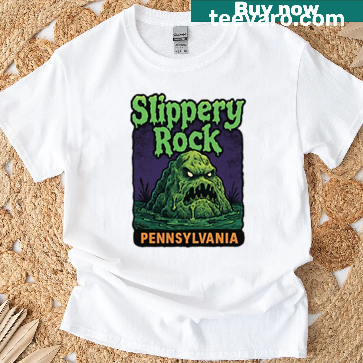 T-shirt featuring 'Slippery Rock Pennsylvania' text design. — on a men's t-shirt