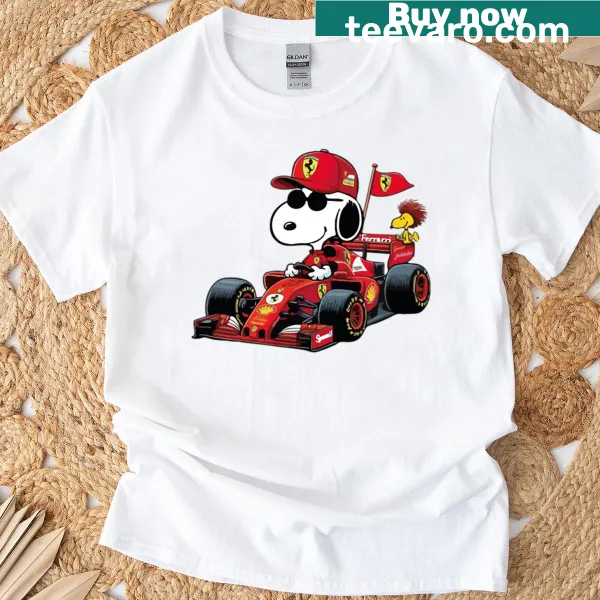 Playful Snoopy graphic in a Formula 1 theme on a shirt