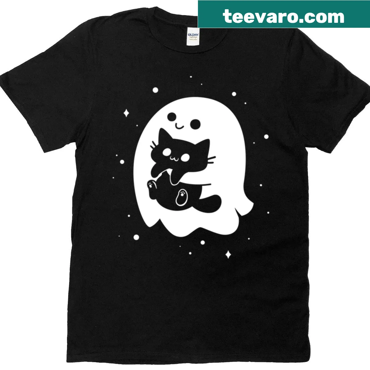 Ghost holding a black cat Halloween graphic — on a men's t-shirt