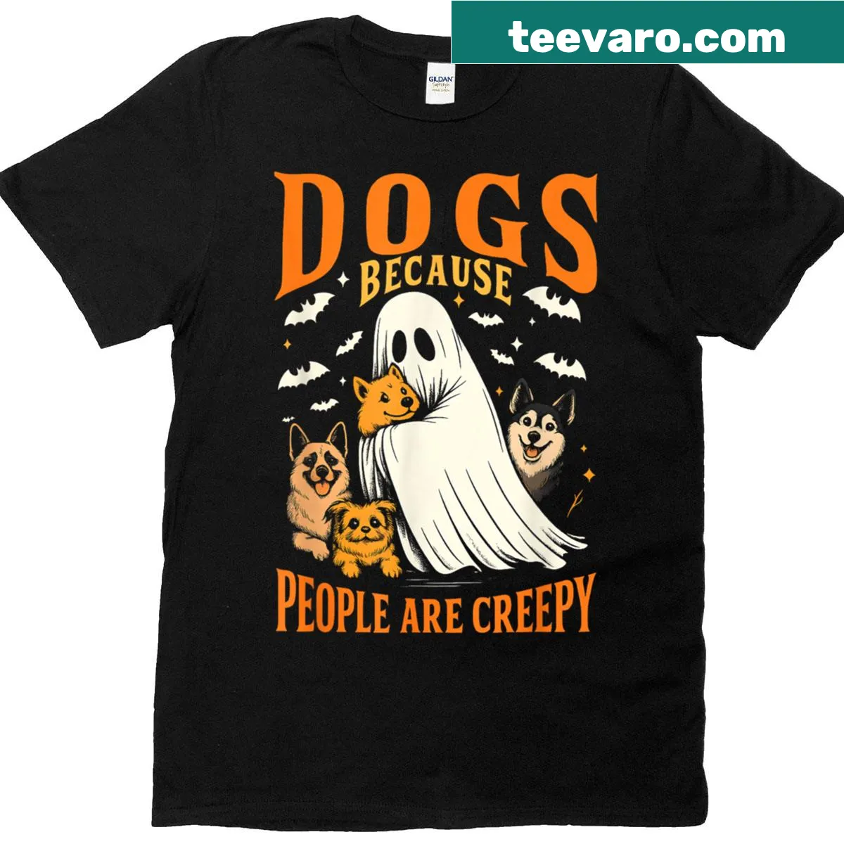 Halloween-themed t-shirt featuring spooky dogs in costumes — on a men's t-shirt