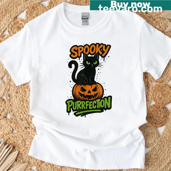 Illustrated spooky cats in Halloween costumes on a T-shirt