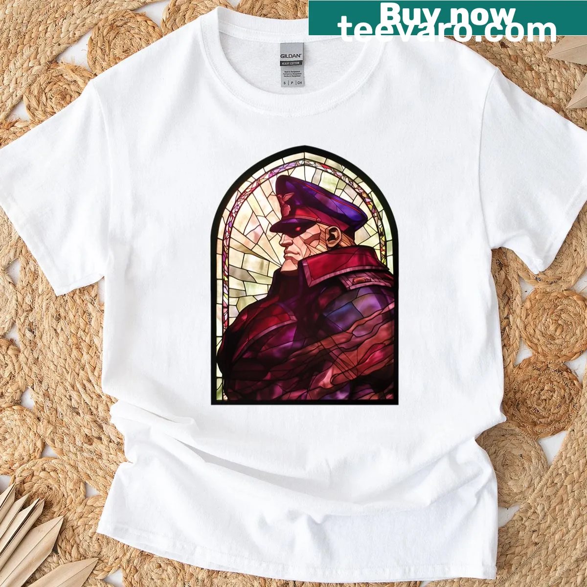 Stained glass design T-shirt featuring M. Bison from Street Fighter — on a men's t-shirt