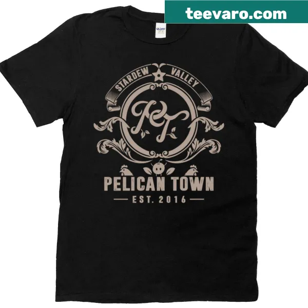 Illustrated Pelican Town from Stardew Valley on a T-shirt
