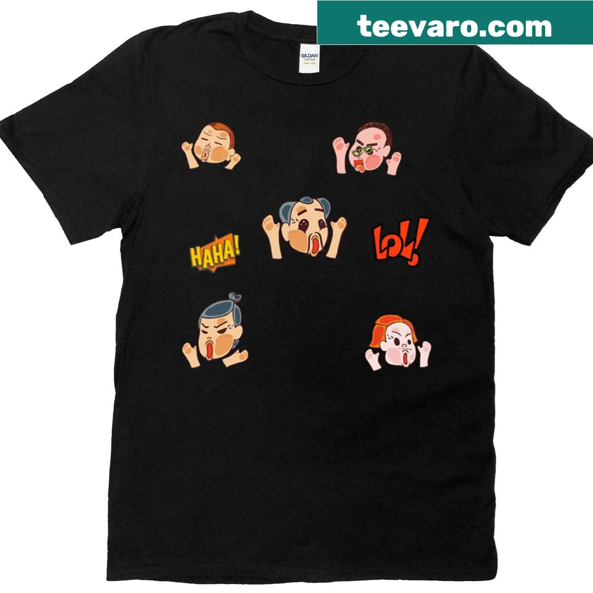 Funny cartoon face graphic T-shirt — on a men's t-shirt