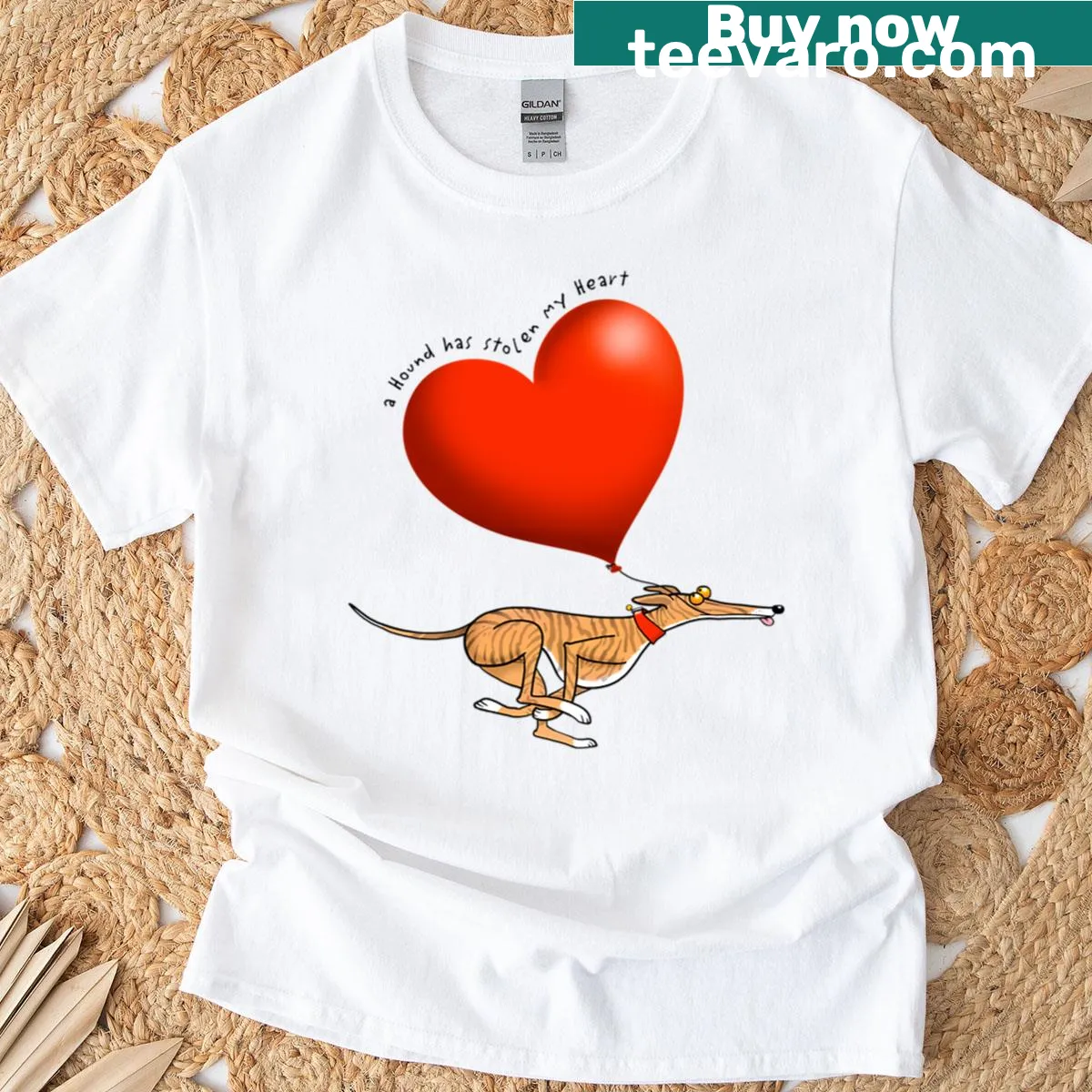 Illustrated T-shirt featuring a Brindle Hound and heart design — on a men's t-shirt