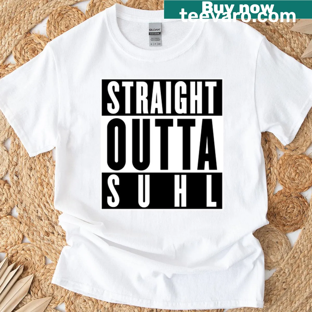 Minimalist T-shirt with bold text referencing Suhl. — on a men's t-shirt