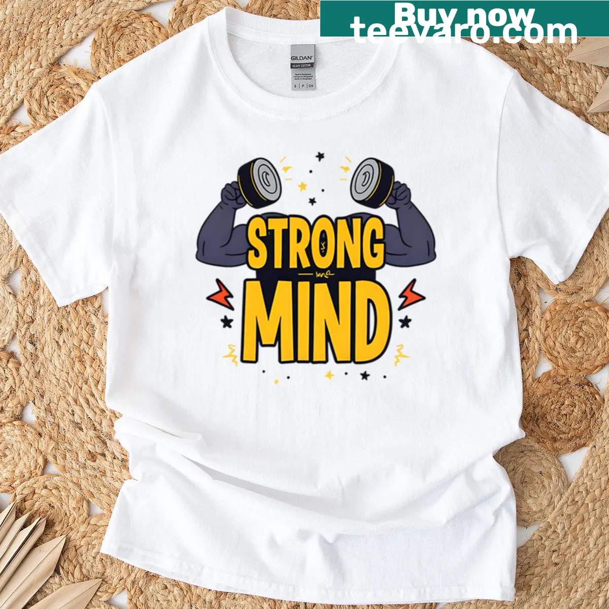 Motivational graphic with 'Strong Mind' and a dumbbell on a t-shirt. — on a men's t-shirt