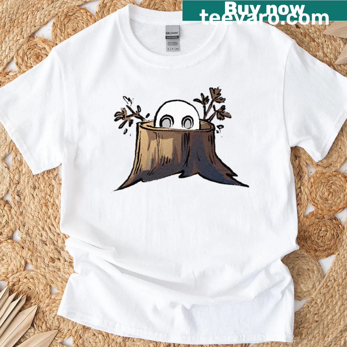 Imaginative t-shirt featuring a whimsical stump dweller character. — on a men's t-shirt