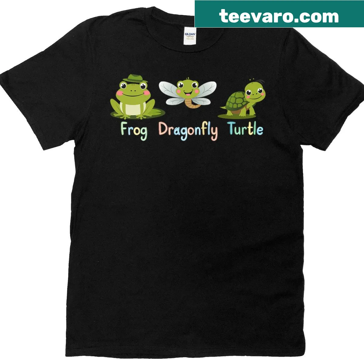 Whimsical political humor T-shirt with frog and turtle design — on a men's t-shirt