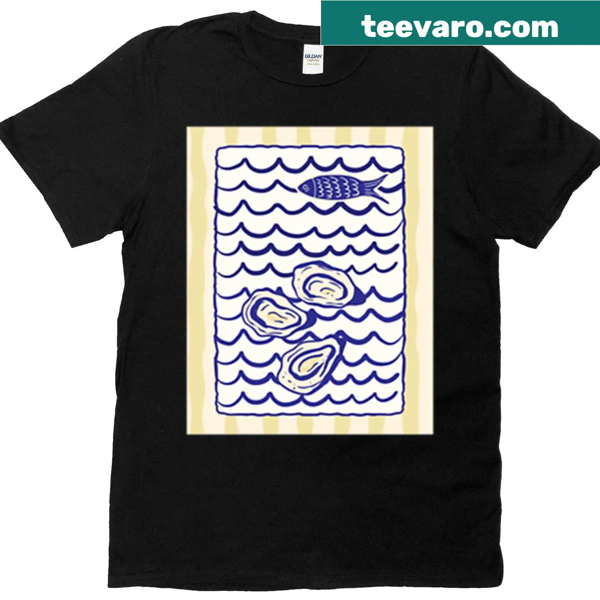 Illustration of fish and oysters on a summer-themed shirt — on a men's t-shirt