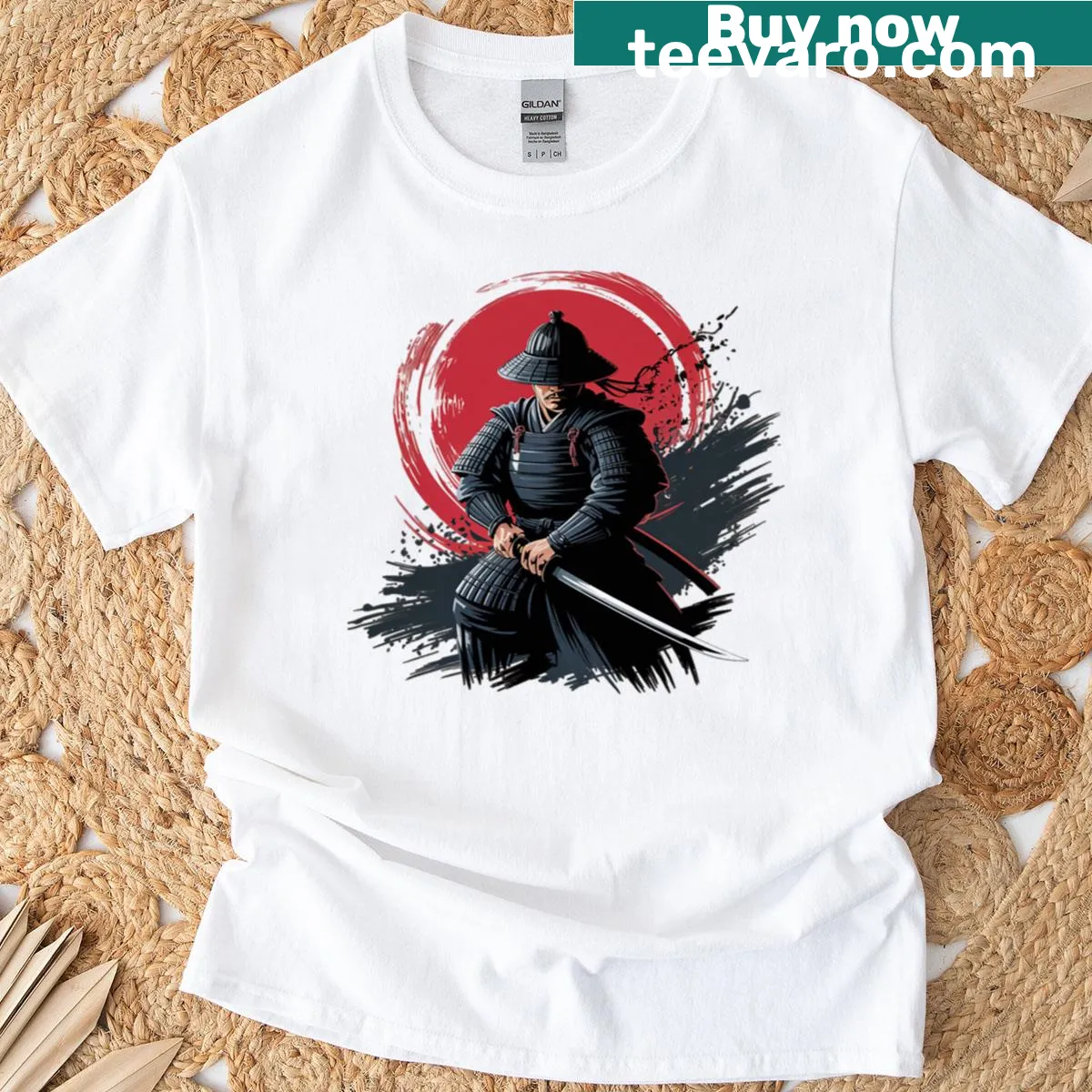 Silhouette of a samurai warrior against a sunset on t-shirt — on a men's t-shirt