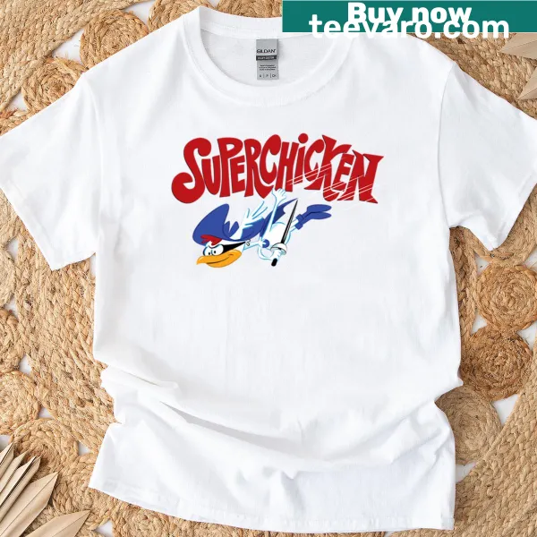Cartoon chicken flexing muscles on humorous t-shirt design