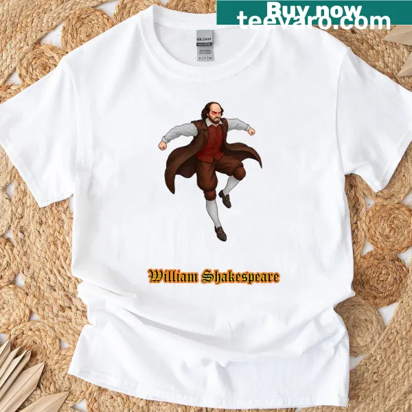 T-shirt featuring illustrated Super Shakespeare design