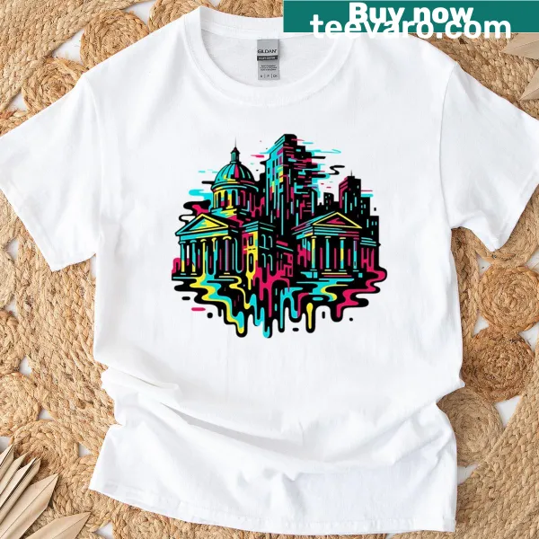 Artistic t-shirt with surreal melting cityscape design