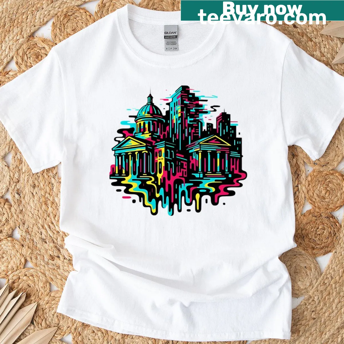 Artistic t-shirt with surreal melting cityscape design — on a men's t-shirt