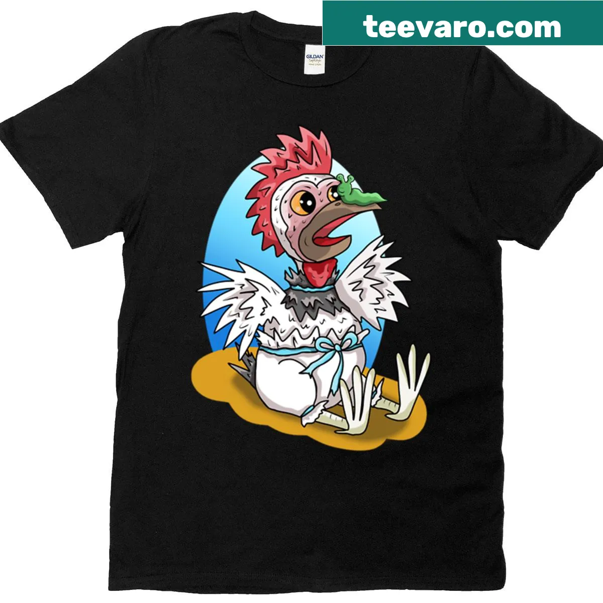 Oversized T-shirt featuring a playful cartoon chicken named Suzie — on a men's t-shirt