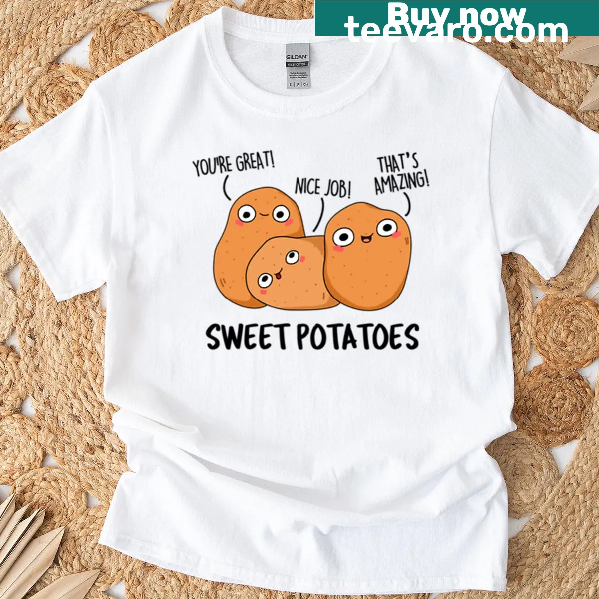 Funny sweet potatoes t-shirt featuring humorous vegetable puns — on a men's t-shirt
