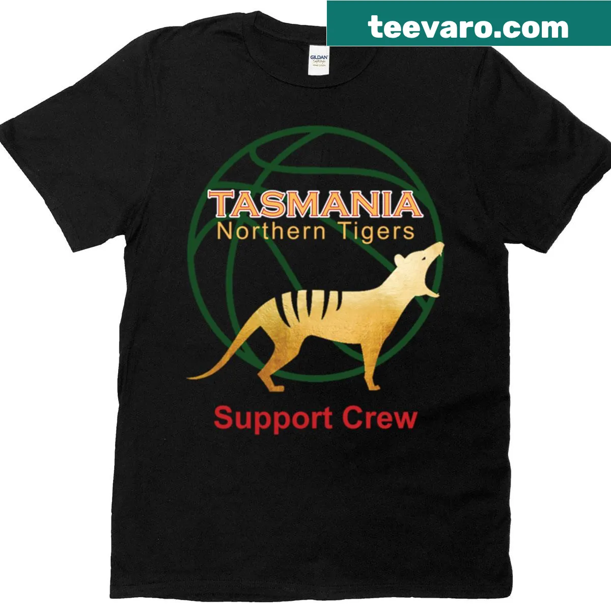 Support crew t-shirt featuring the Tassie Tigers emblem — on a men's t-shirt