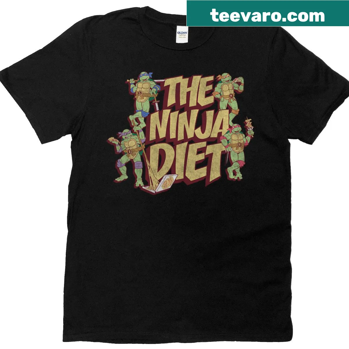 Distressed TMNT pizza-themed T-shirt with vintage-style graphics — on a men's t-shirt