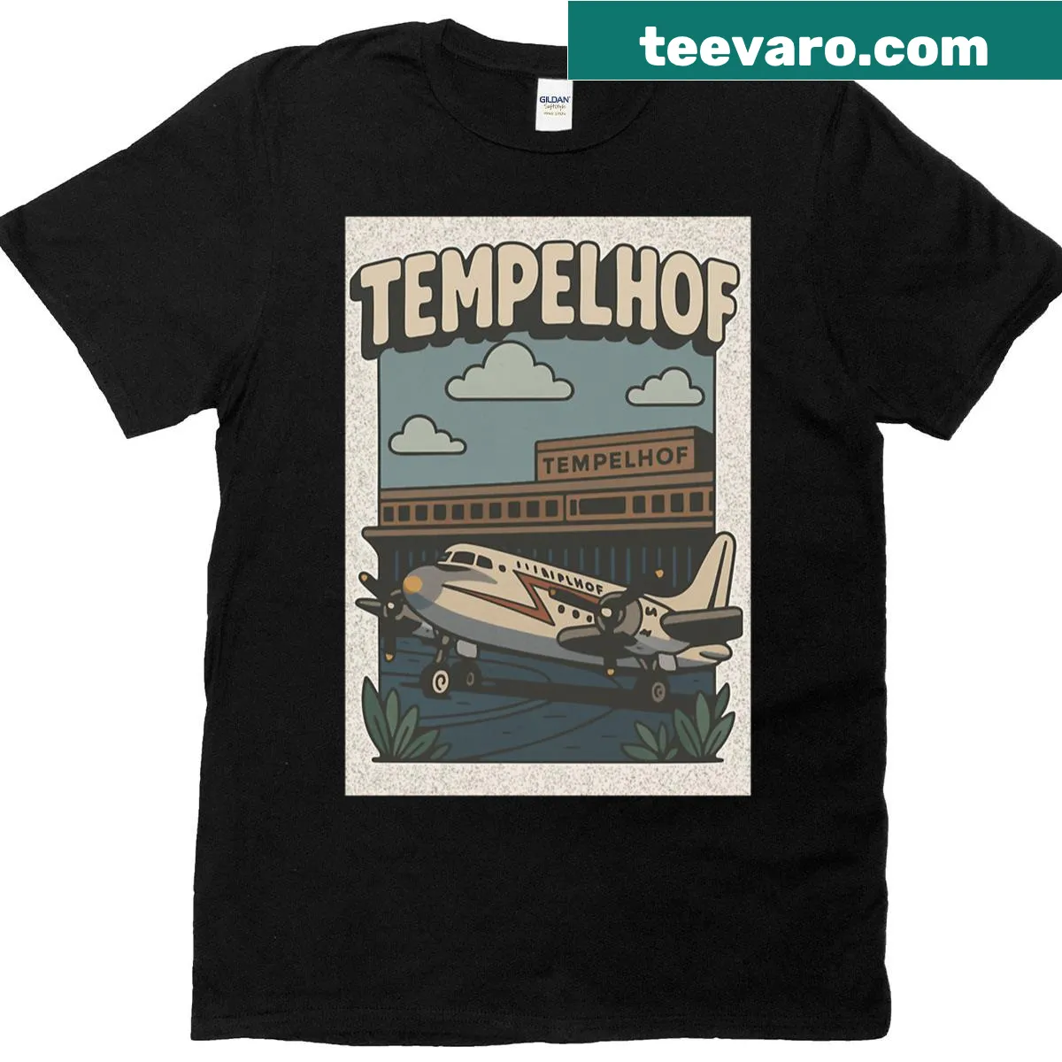 Tribute t-shirt featuring Tempelhof Berlin Airport design — on a men's t-shirt
