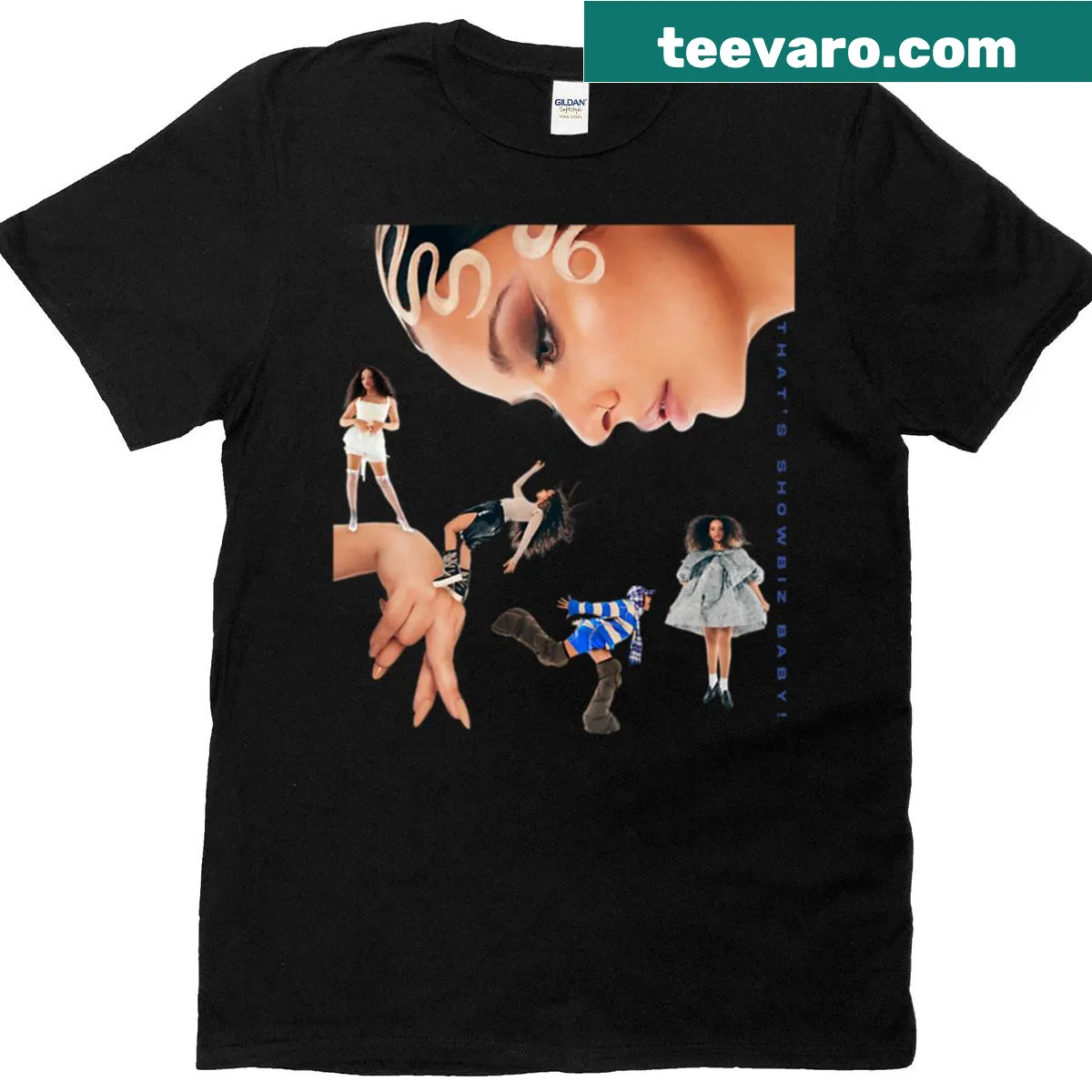 Music-themed T-shirt with 'That's Showbiz Baby' inspired by Jade album — on a men's t-shirt