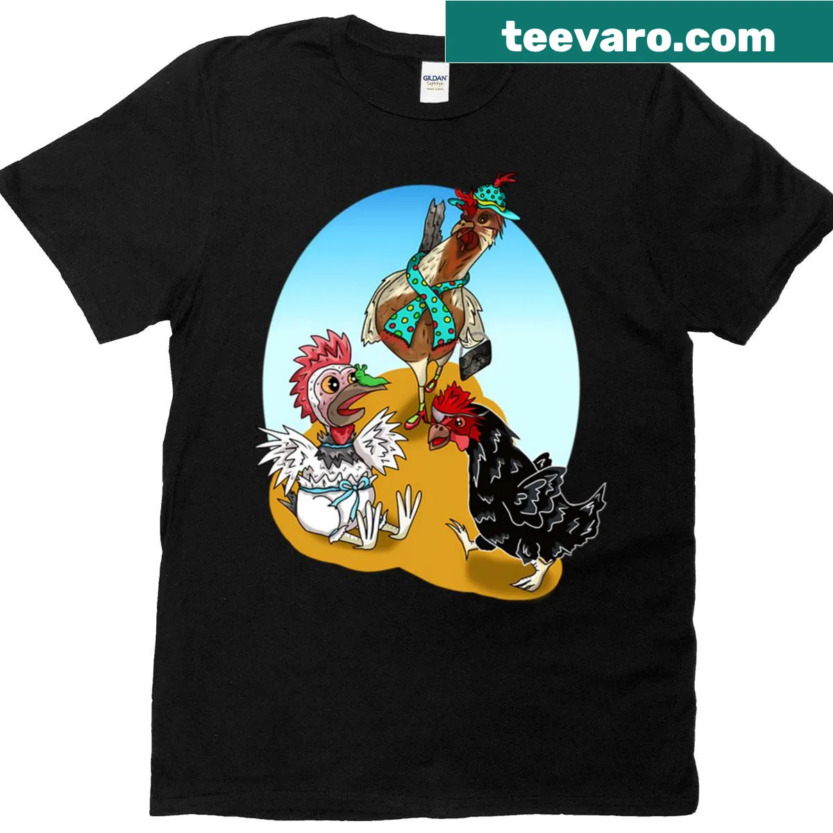 Illustrated cartoon chickens on a t-shirt — on a men's t-shirt