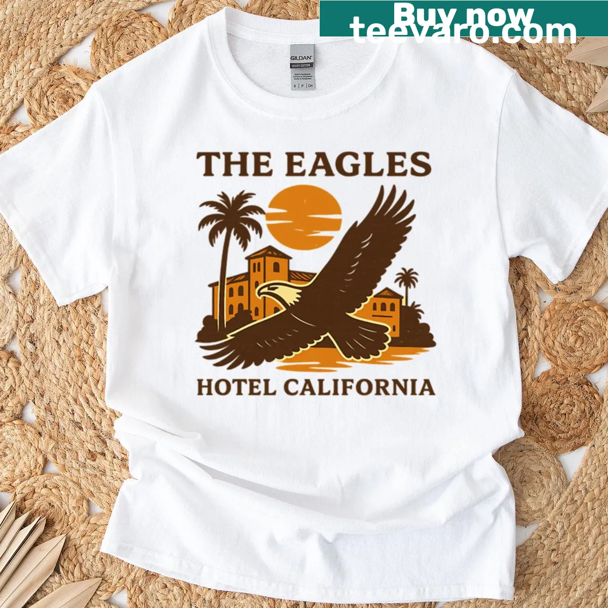 T-shirt featuring an artistic design inspired by The Eagles' Hotel California — on a men's t-shirt
