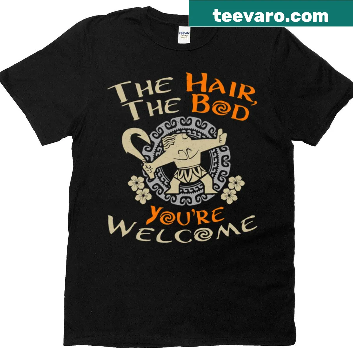 Funny typography T-shirt with the phrase 'The Hair The Bod Youre Welcome' — on a men's t-shirt