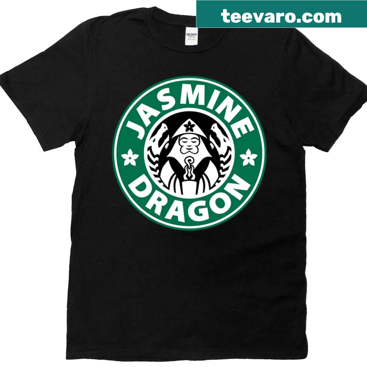 Fantasy-themed t-shirt featuring a whimsical Jasmine Dragon illustration — on a men's t-shirt