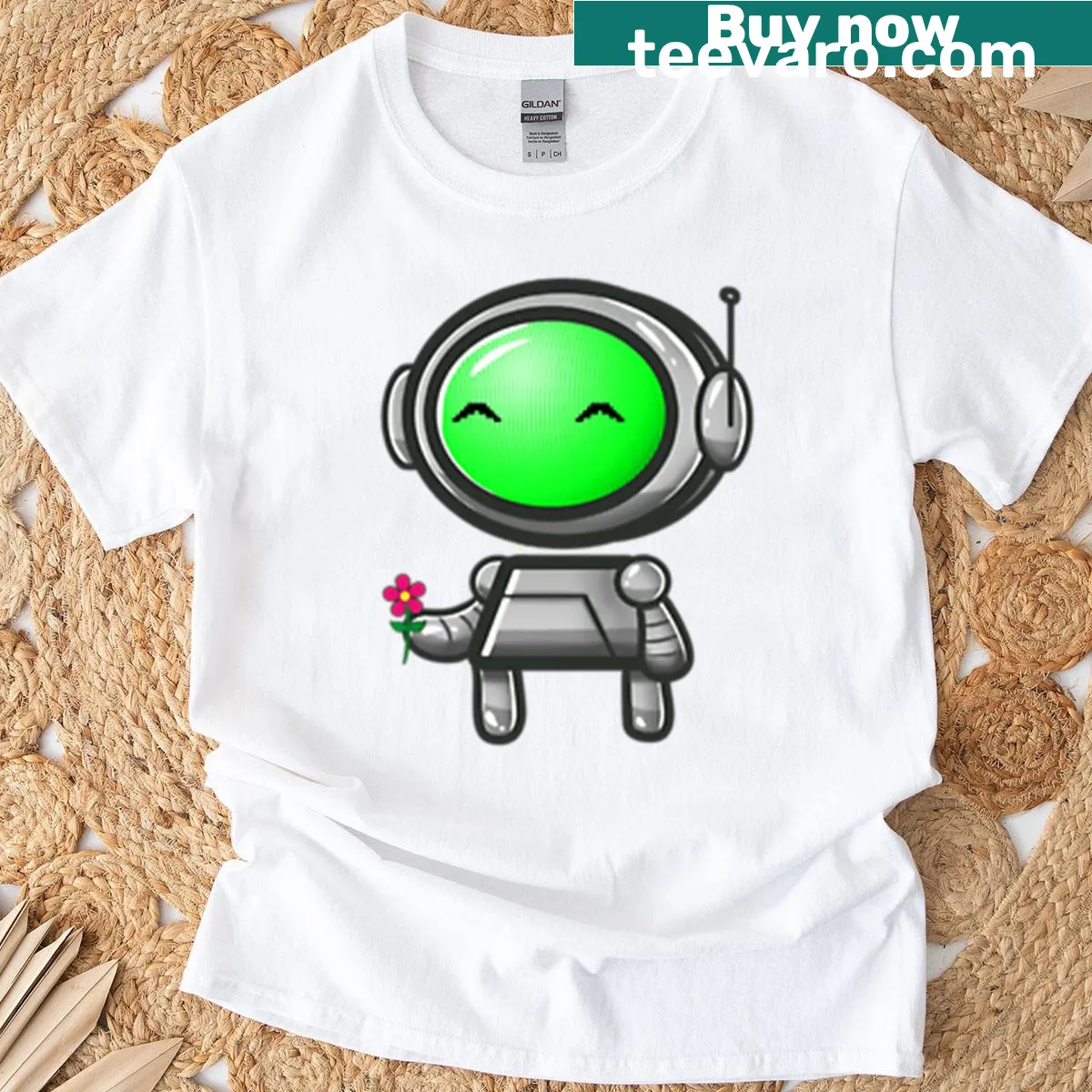 Adorable cartoon robot graphic on a technology-themed t-shirt — on a men's t-shirt