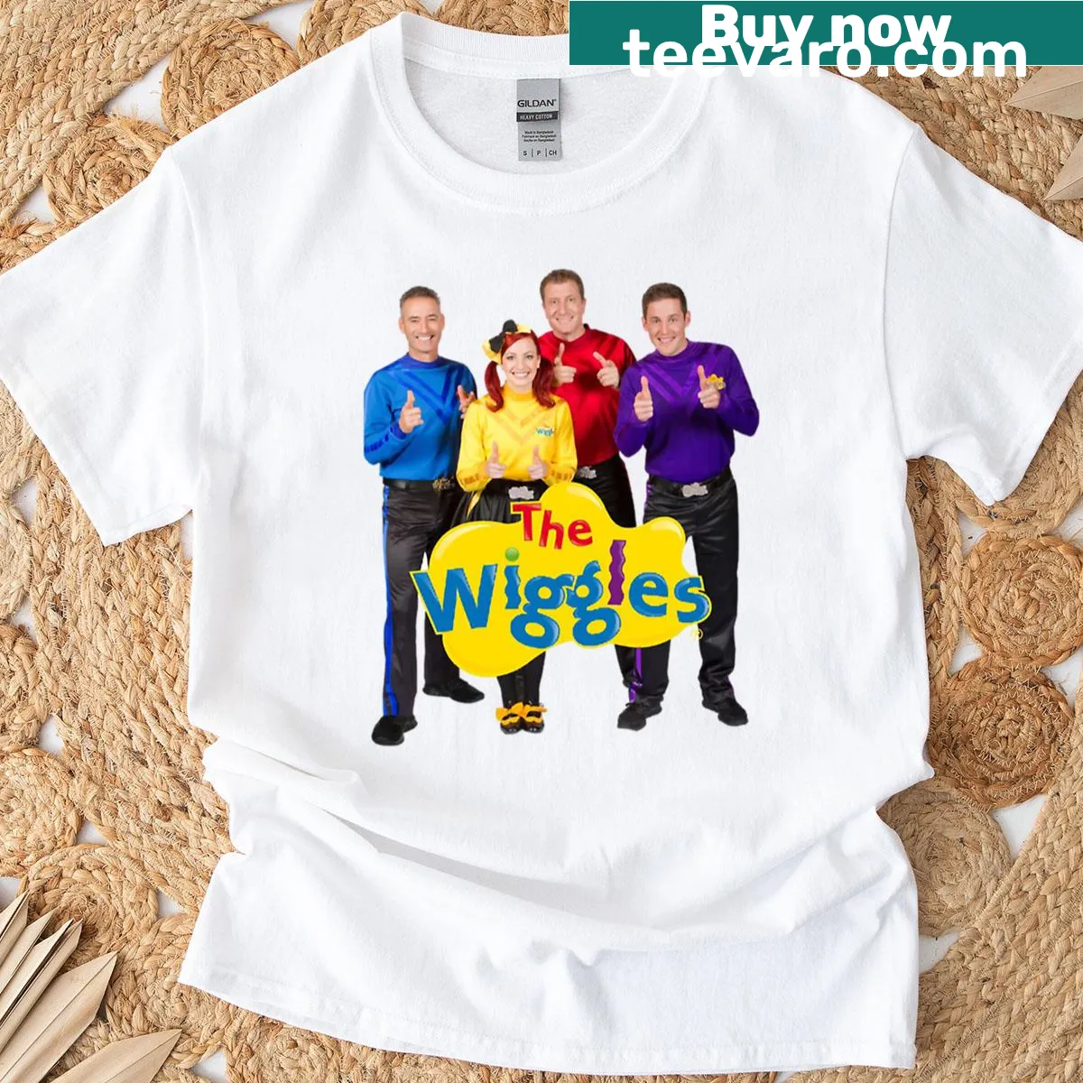 Cute T-shirt featuring characters from The Wiggles engaged in musical fun — on a men's t-shirt