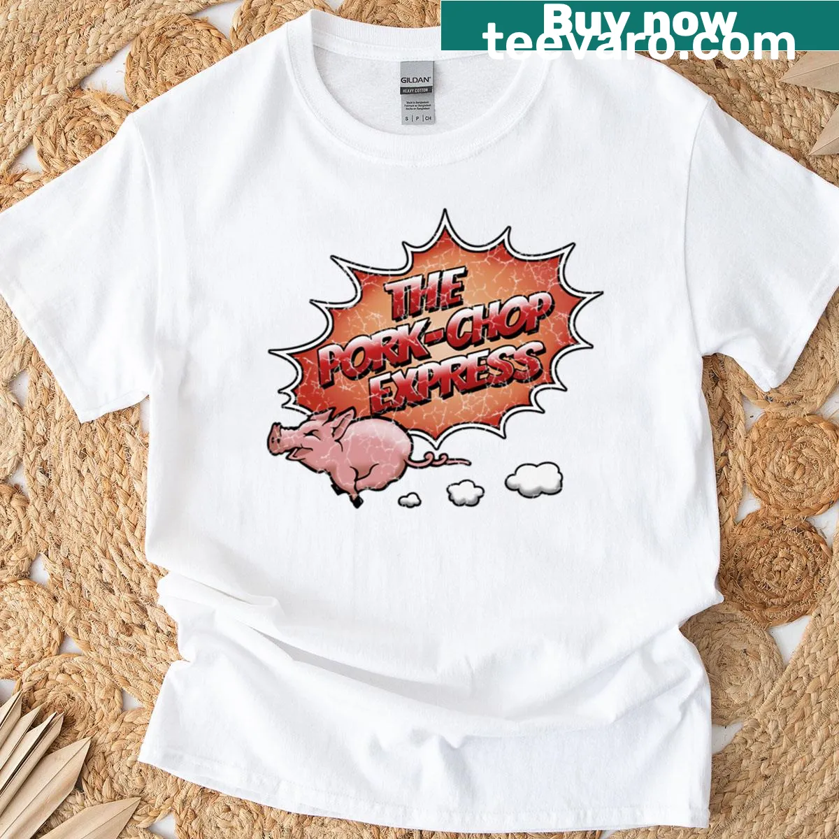 Vintage-style Pork Chop Express print on a distressed t-shirt — on a men's t-shirt