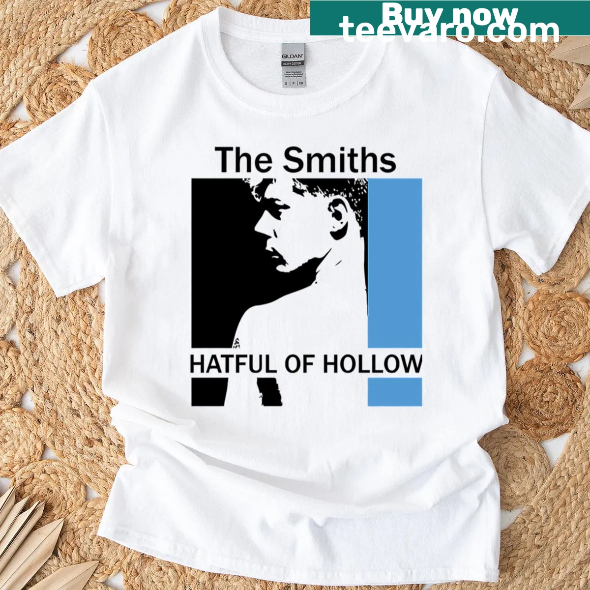 Badge emblem design honoring The Smiths band — on a men's t-shirt
