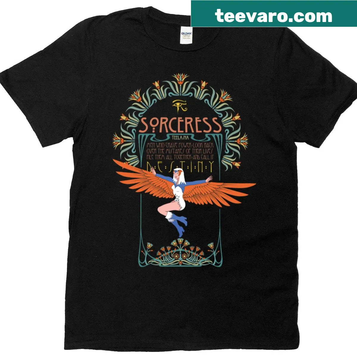 Art Nouveau Teela-na graphic T-shirt featuring a sorceress design — on a men's t-shirt