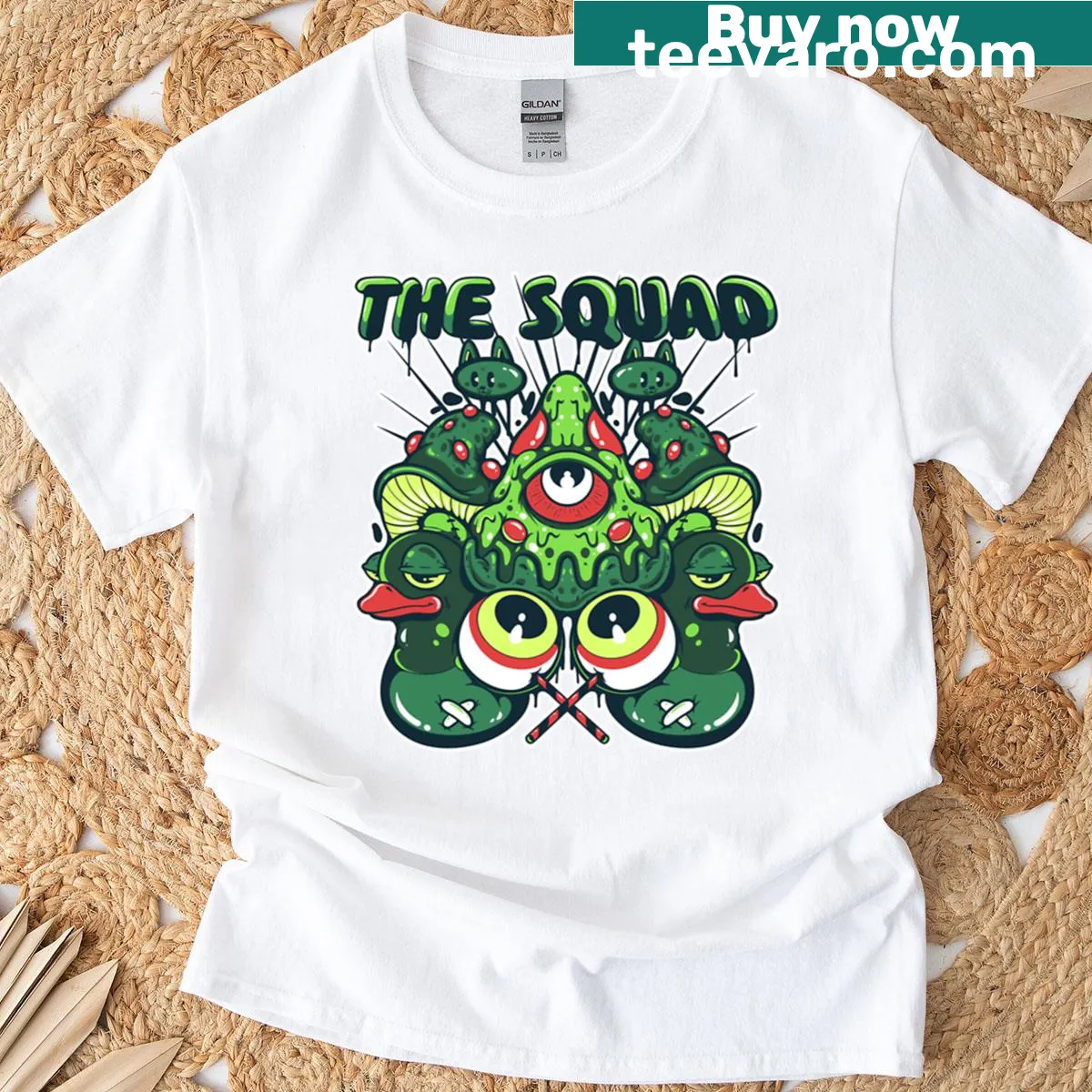Bold typography design saying 'The Squad.' — on a men's t-shirt