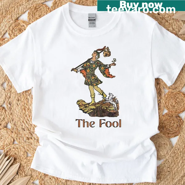 Illustration of the Fool tarot card on a raglan baseball tee.