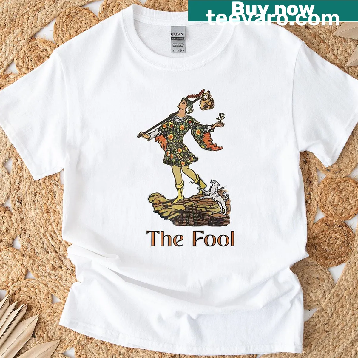 Illustration of the Fool tarot card on a raglan baseball tee. — on a men's t-shirt
