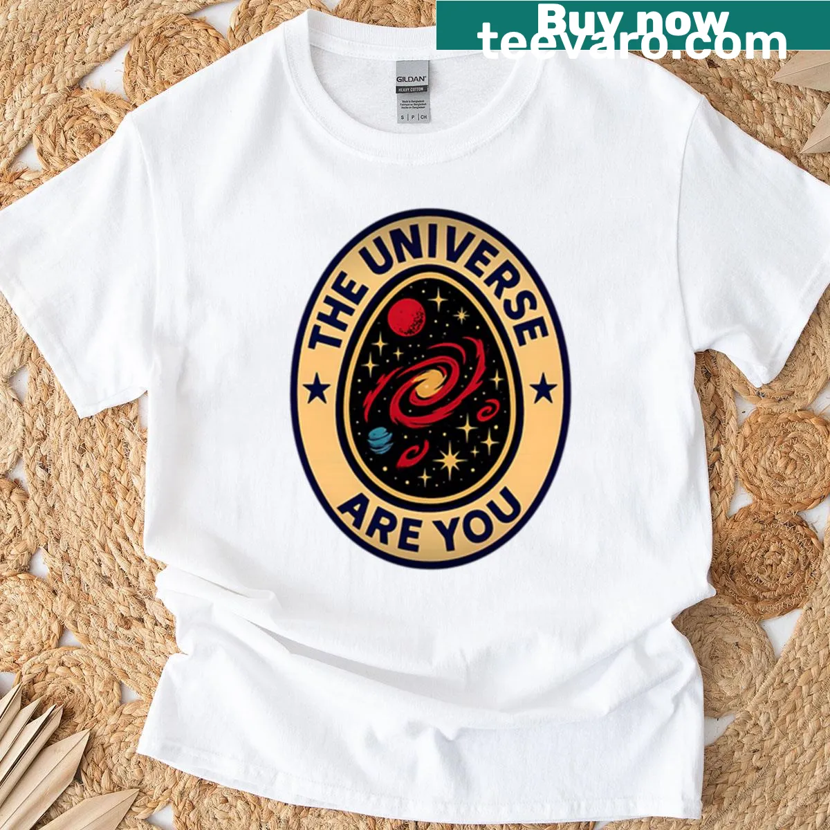 Retro style cosmic egg emblem T-shirt for science and space lovers — on a men's t-shirt